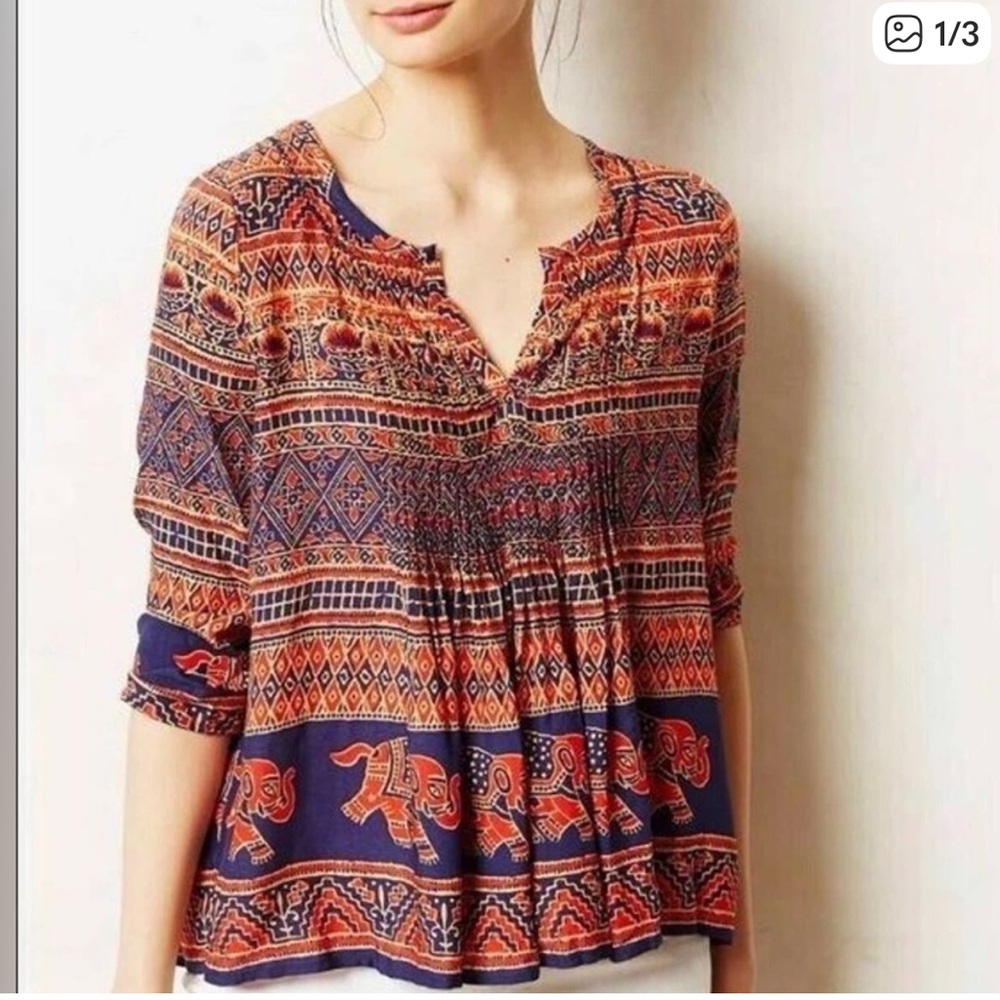 Anthropologie Vanessa Virginia Mahdia Elephant Pintuck Pleat Peasant Top